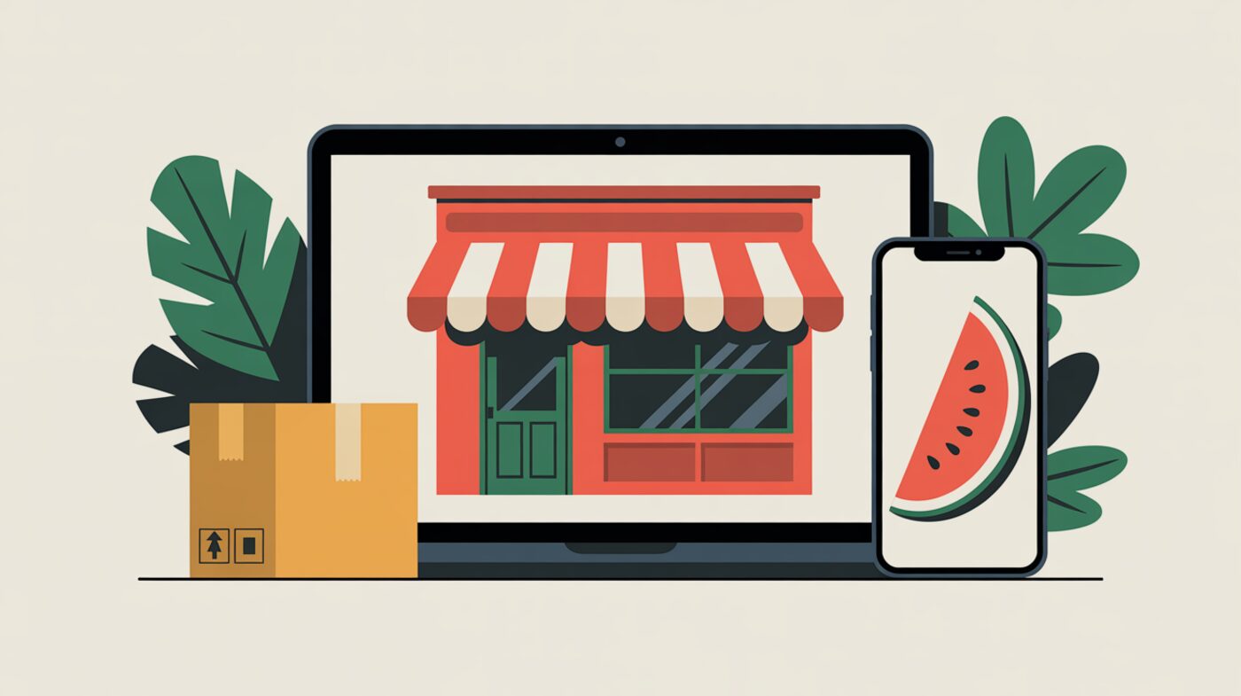 Витрина небольшого интернет-магазина на ноутбуке, посылка и телефон